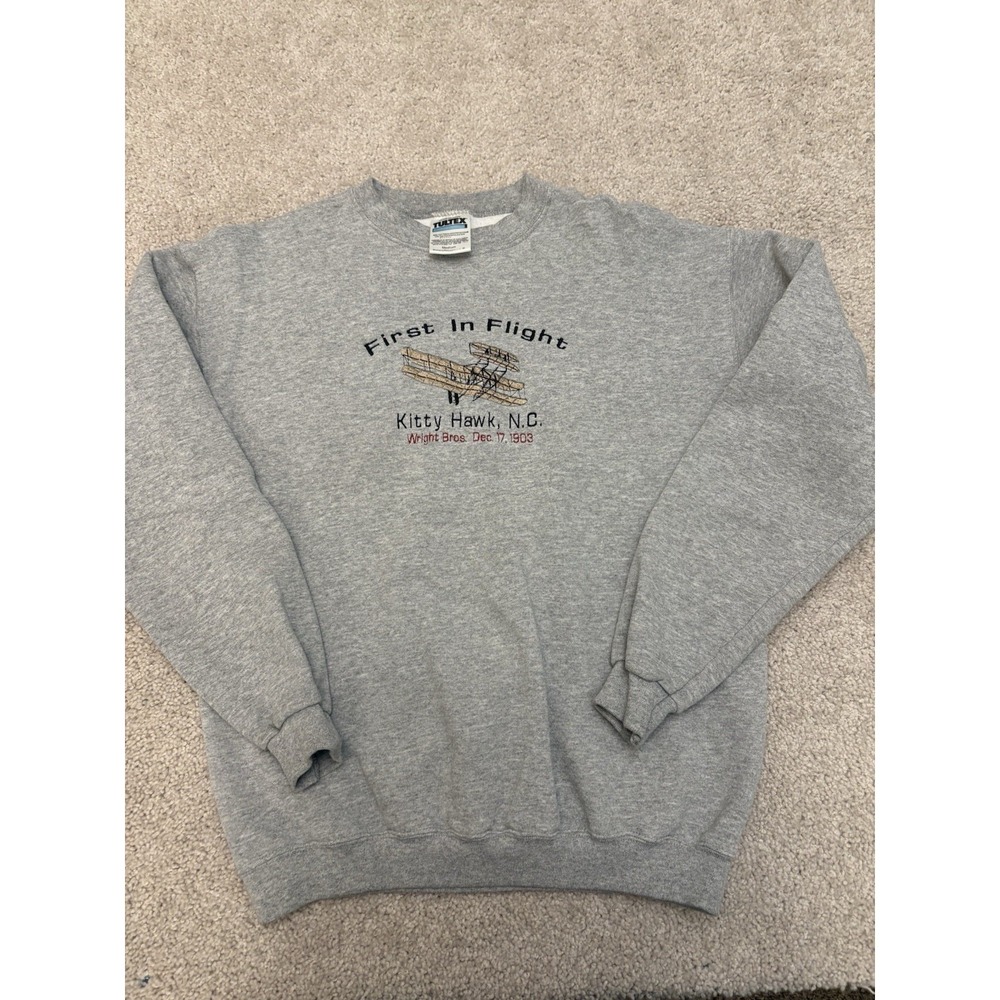 VTG 90s Wright Bros First In Flight Embroidered Sweater TULTEX Gray Medium